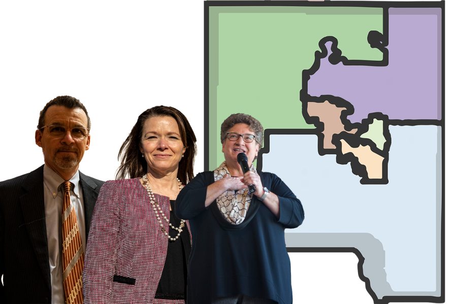 From left, Democrats Sen. Joe Bolkcom, Rep. Christina Bohannan, and Rep. Mary Mascher, who all represent Iowa City in front of a map of Johnson County. Graphic by Caleb McCullough. 