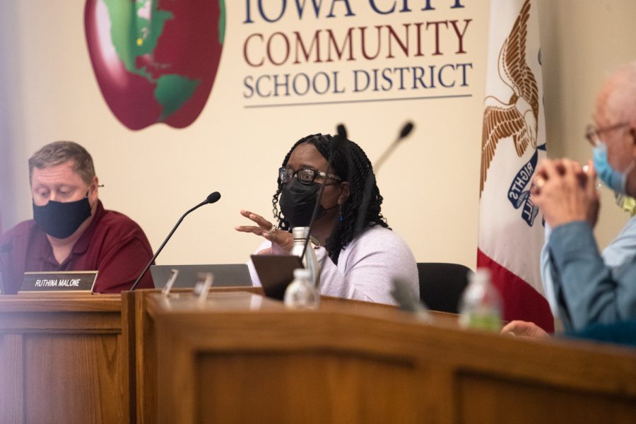 Board member Ruthina Malone addresses community concerns at a meeting of the Board of Directors at the Iowa City Community School District Administration Building in Iowa City Tuesday, Nov. 9, 2021. Community members protested after a video surfaced on social media of an Iowa City West High School student using a racial slur and blackface. 