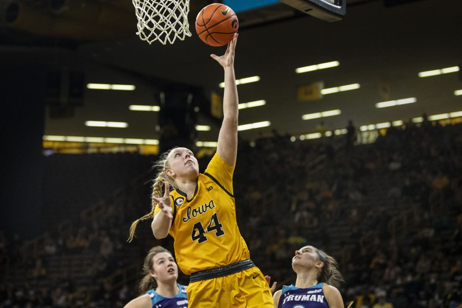 Iowa+forward+Addison+O%E2%80%99Grady+goes+up+for+a+layup+during+an+exhibition+women%E2%80%99s+basketball+game+between+Iowa+and+Truman+State+at+Carver-Hawkeye+Arena+in+Iowa+City+on+Tuesday%2C+Nov.+4%2C+2021.+The+Hawkeyes+defeated+the+bulldogs+102-32.+