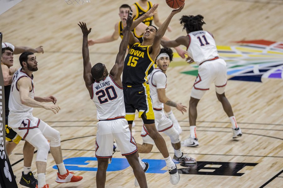 Iowa forward Keegan Murray attempts to shoot a basket during the Big Ten mens basketball tournament semifinals against Illinois on Saturday, March 13, 2021 at Lucas Oil Stadium in Indianapolis. The Hawkeyes were defeated by the Fighting Illini, 82-71. No. 2 Illinois and No. 5 Ohio State will compete in the championship game tomorrow afternoon.