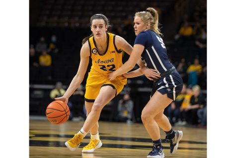 Iowa guard Caitlin Clark drives to the basket during a women’s basketball game between Iowa and New Hampshire at Carver-Hawkeye Arena in Iowa City on Tuesday, Nov. 9, 2021.