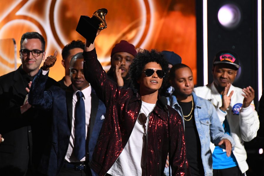Jan 28, 2018; New York, NY, USA; Bruno Mars accepts Album Of The Year for 24K Magic during the 60th Annual Grammy Awards at Madison Square Garden.