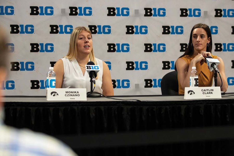 Iowa+guard+Caitlin+Clark+and+Iowa+forward%2Fcenter+Monika+Czinano+answer+questions+from+members+of+the+media+during+Big+Ten+Basketball+Media+Days+at+Gainbridge+Fieldhouse+in+Indianapolis%2C+Indiana%2C+on+Thursday%2C+Oct.+7%2C+2021.