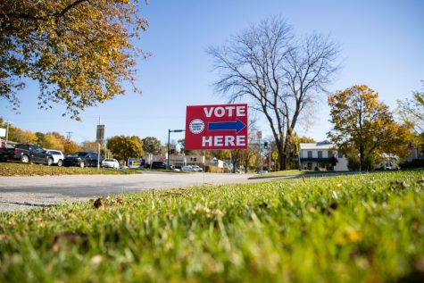 A sign indicates a polling location on Election Day at Horace Mann Elementary School in Iowa City on Nov. 2, 2021. This year’s election is centered on local city councils and school boards. 
