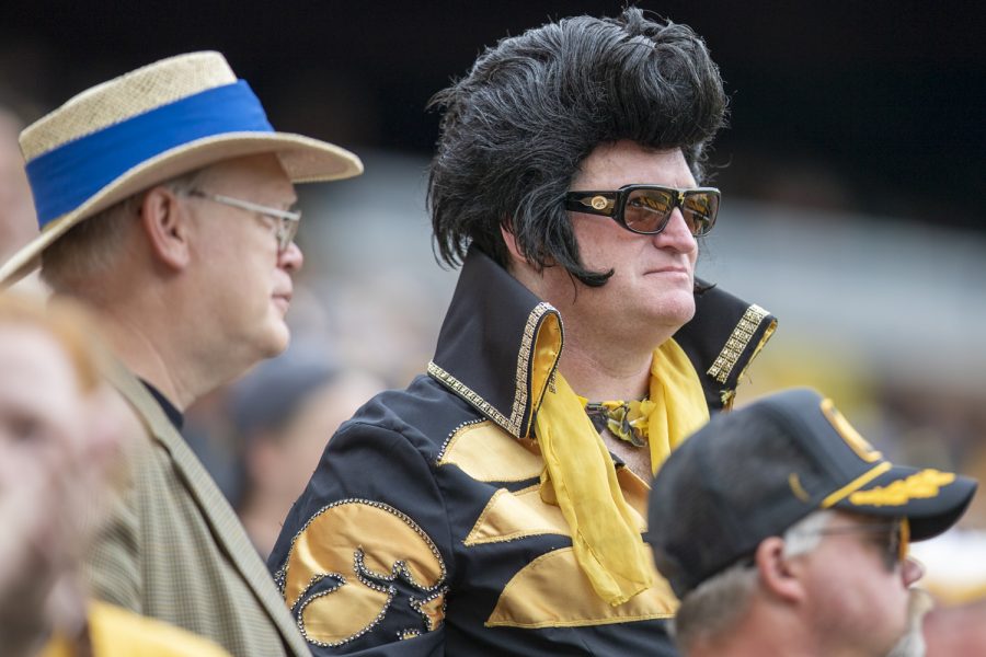 Greg Suckow, also known as Hawkeye Elvis, watches the action during a football game between No. 18 Iowa and No. 17 Indiana at Kinnick Stadium on Saturday, Sept. 4, 2021. The Hawkeyes defeated the Hoosiers 34-6. 