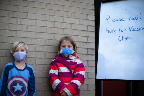 OLeary twins, 8, pose for a portrait at a walk-in COVID-19 vaccine clinic for children at Weber Elementary School in Iowa City Monday, Nov. 8, 2021. 