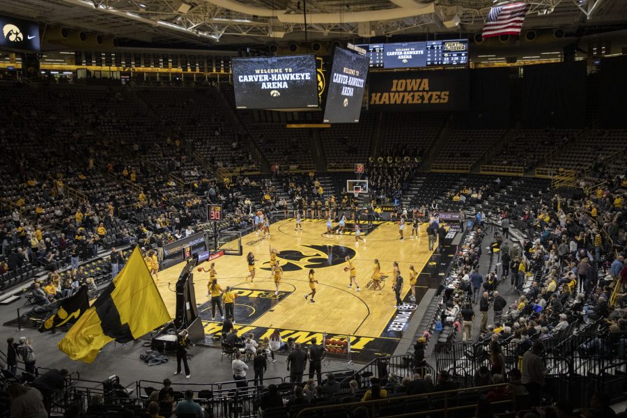 Iowa and Southern University warm up during halftime of a women’s basketball game between No. 8 Iowa and Southern University at Carver-Hawkeye Arena on Wednesday, Nov. 17, 2021. The Hawkeyes defeated the Jaguars, 87-67.