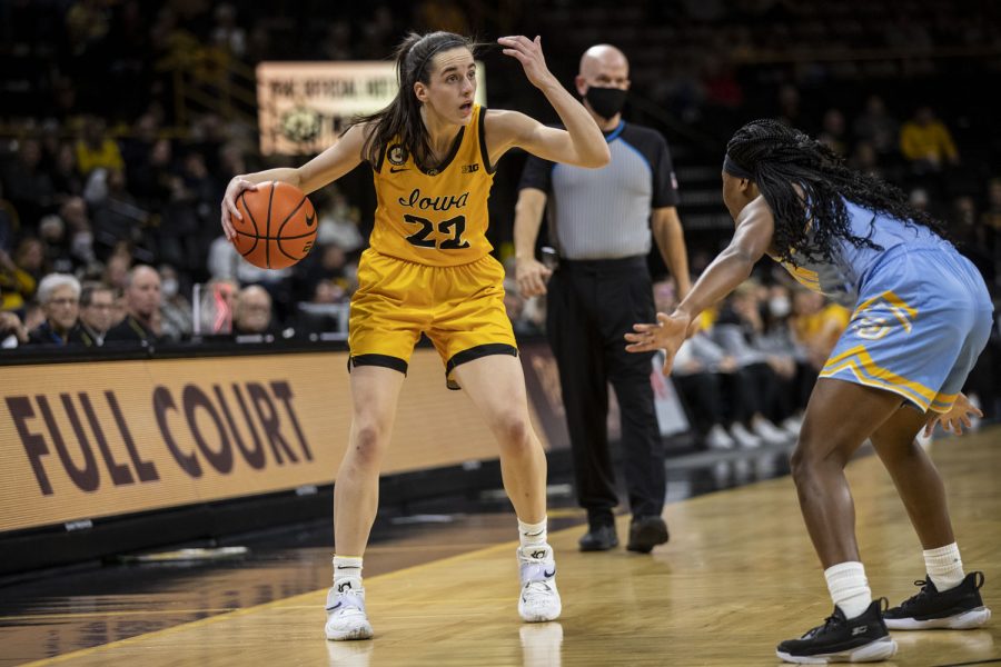 Iowa Caitlin Clark attempts to find an open center during a women’s basketball game between No. 8 Iowa and Southern University at Carver-Hawkeye Arena on Wednesday, Nov. 17, 2021. Clark played a total of 29 minutes and 30 seconds. The Hawkeyes defeated the Jaguars, 87-67.
