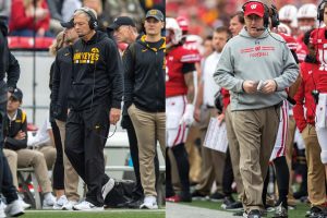 Iowa head coach Kirk Ferentz and Wisconsin head coach Paul Chryst coach their teams at Camp Randall Stadium in Madison, Wisconsin on Saturday, Oct. 30, 2021.