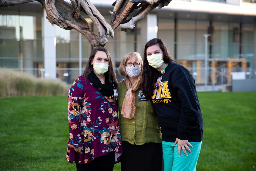 From left to right: Social Worker Sarah Hambright, Clinical Professor Alison Lynch and Clinical Assistant Professor Meagan Thompson pose for a portrait at Stead Family Children’s Hospital in Iowa City on Nov. 4, 2021. 