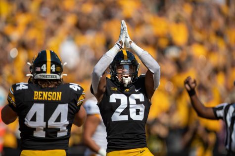Iowa safety Kaevon Merriweather celebrates a safety during a football game between Iowa and Kent State at Kinnick Stadium on Saturday, Sept. 18, 2021. 