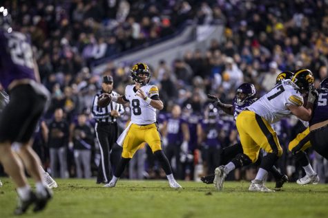 Iowa quarterback Alex Padilla passes the ball during a football game between No. 19 Iowa and Northwestern at Ryan Field in Evanston, Illinois, on Saturday, Nov. 6, 2021. The Hawkeyes defeated the Wildcats 17-12. Padilla replaced starting quarterback Spencer Petras during the first quarter of the game. Padilla completed 18 passes on 28 attempts.
