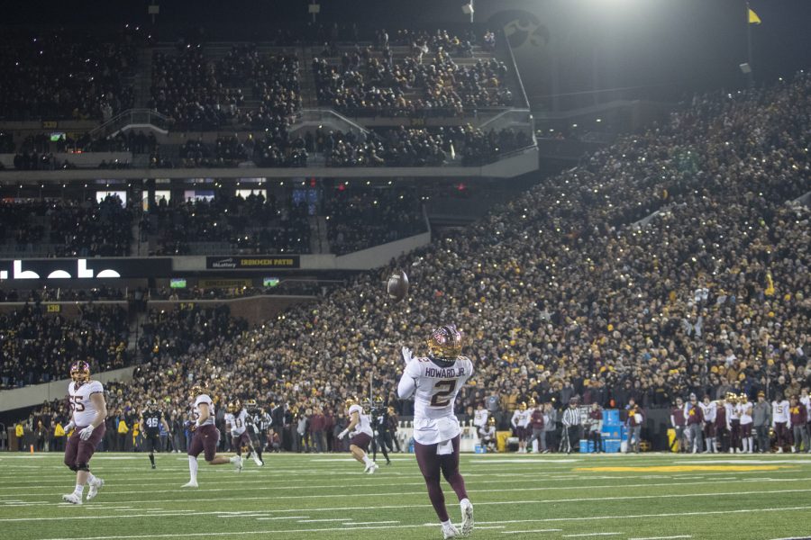 Minnesota kick returner Phillip Howard catches a kickoff during a football game between Iowa and Minnesota at Kinnick Stadium in Iowa City on Saturday, Nov. 13, 2021. The Hawkeyes defeated the Gophers 27-22.