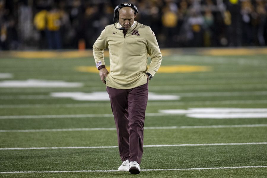 Minnesota+head+coach+P.+J.+Fleck+walks+down+the+sidelines+during+a+football+game+between+No.+19+Iowa+and+Minnesota+at+Kinnick+Stadium+on+Saturday%2C+Nov.+13%2C+2021.+The+Hawkeyes+defeated+Gophers+27-22.