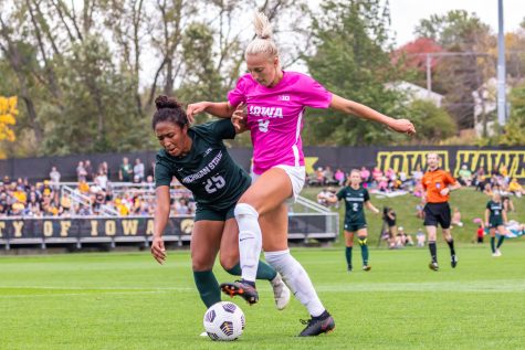 Iowa defender Samantha Cary maintains possession of the ball during a soccer game between Iowa and Michigan State at the Iowa Soccer Complex on Sunday, Oct. 3, 2021. Michigan State defeated Iowa 2-1. 