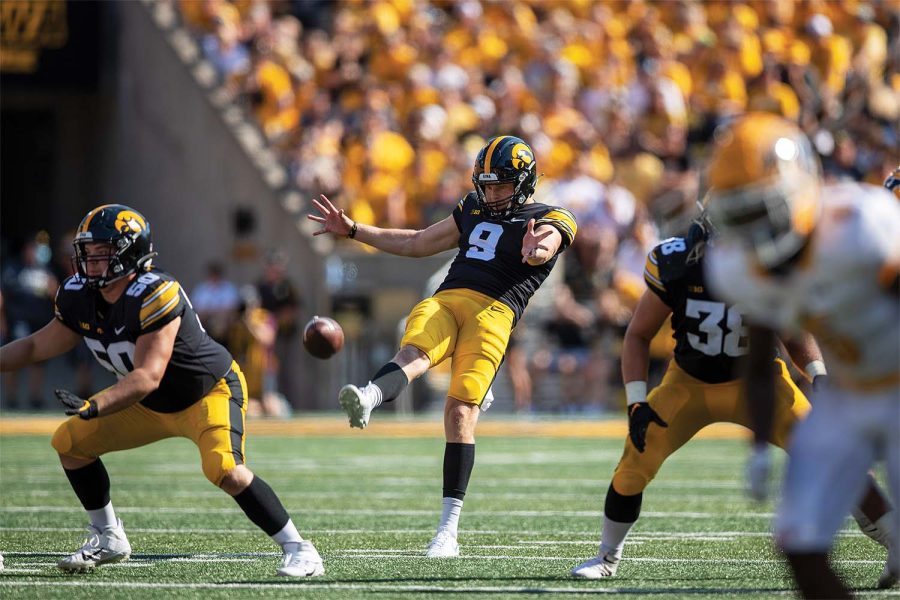 Iowa+punter+Tory+Taylor+kicks+the+ball+during+a+football+game+between+No.+19+Iowa+and+Kent+State+at+Kinnick+Stadium+on+Saturday%2C+Sept.+18%2C+2021.