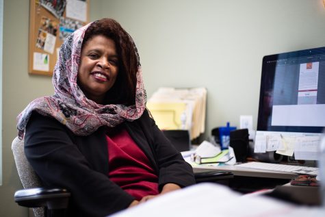 Mazahir Salih poses for a portrait in her office at the Center for Worker Justice in Iowa City Monday, Oct. 11, 2021. 