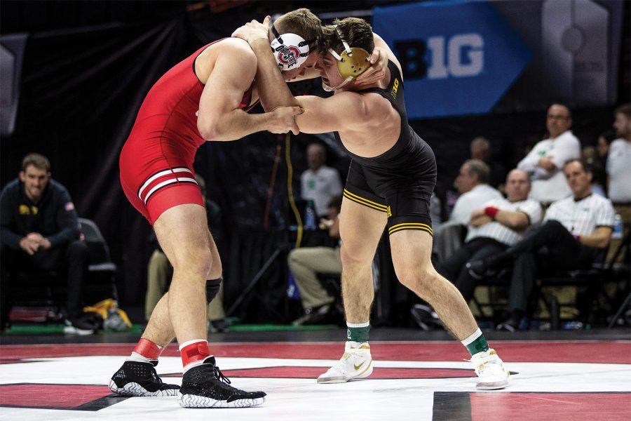 Iowas 184-pound Abe Assad grapples with Marylands Kyle Jasenski during session one of the Big Ten Wrestling Tournament in Piscataway, NJ on Saturday, March 7, 2020. Assad won by major decision, 12-4. 