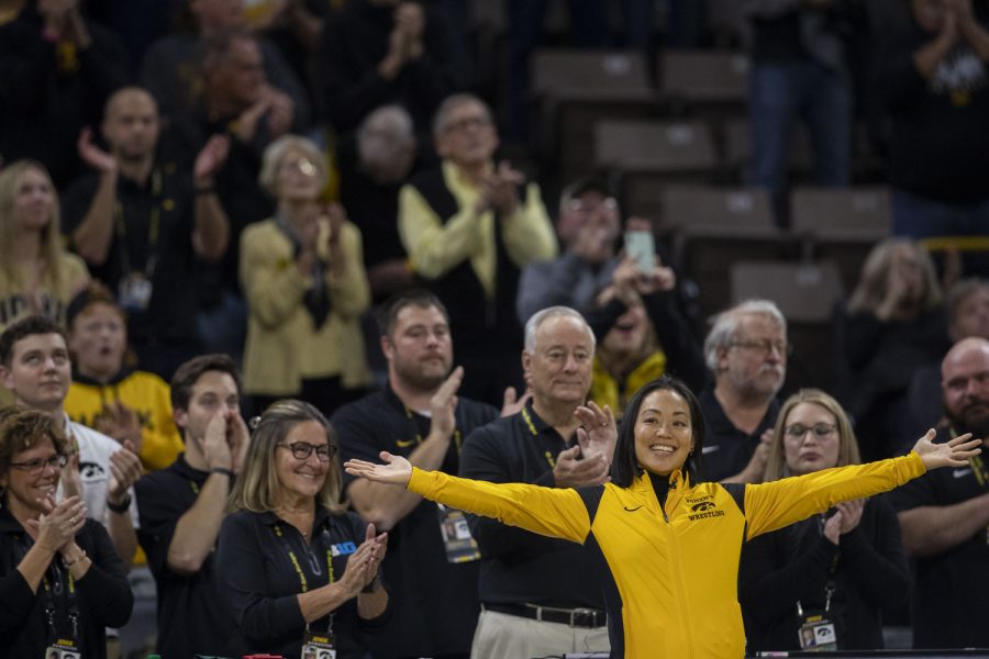 Iowa head coach of women’s wrestling Clarissa Chun gets introduced during a season opening dual wrestling meet between No. 1 Iowa and No. 21 Princeton at Carver-Hawkeye Arena on Friday, Nov. 19, 2021. 