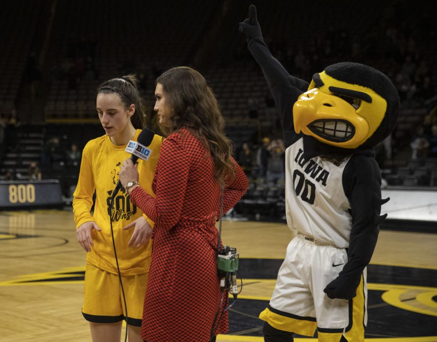 Iowa guard Caitlin Clark is interview by Big Ten Network after a women’s basketball game between No. 9 Iowa and Michigan State at Carver-Hawkeye Arena in Iowa City on Sunday Dec. 5, 2021. Clark lead the team in scoring with 24 points helping the Hawkeyes defeat the Trojans 88-61. (Dimia Burrell/The Daily Iowan)