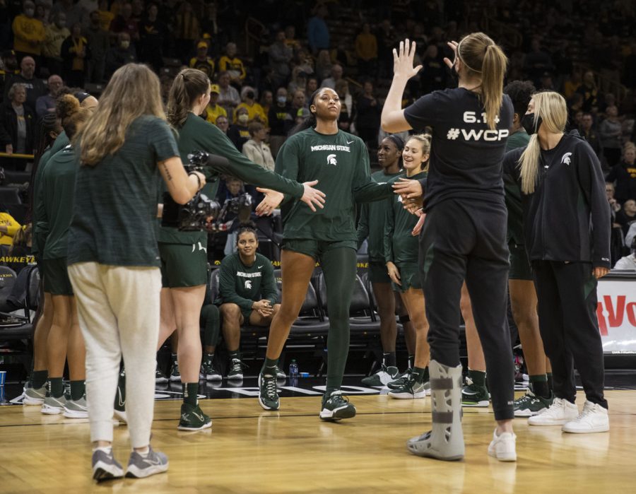 Michigan State forward Alisia Smith is announced in the starting lineup before a women’s basketball game between No. 9 Iowa and Michigan State at Carver-Hawkeye Arena in Iowa City on Sunday Dec. 5, 2021. The Hawkeyes defeated the Trojans 88-61. 