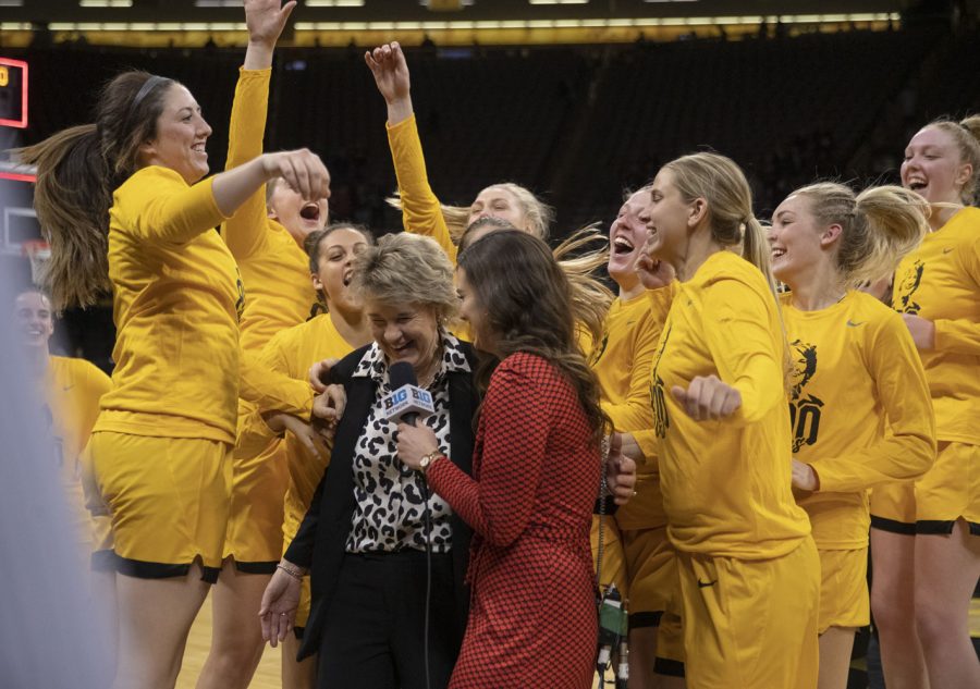 Iowa head coach Lisa Bluder is interviewed by BIG Ten network after her 800th win during a women’s basketball game between No. 9 Iowa and Michigan State at Carver-Hawkeye Arena in Iowa City on Sunday Dec. 5, 2021. The Hawkeyes defeated the Trojans 88-61. 