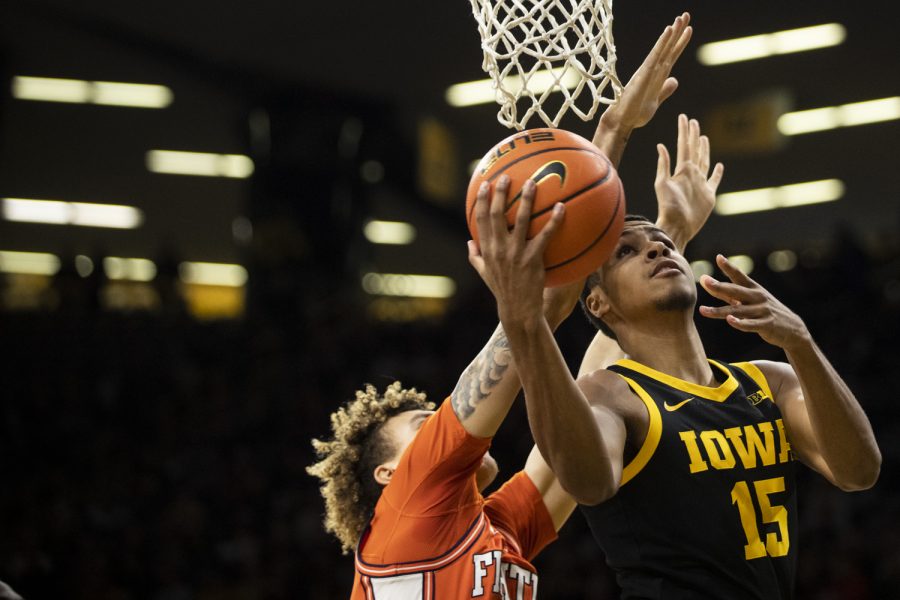 Iowa forward Keegan Murray shoots a layup during a men’s basketball game between Iowa and Illinois at Carver-Hawkeye Arena in Iowa City on Monday, Dec. 6, 2021.