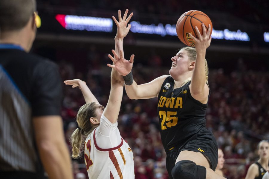Iowa+center+Monika+Czinano+goes+in+for+a+layup+during+a+women%E2%80%99s+basketball+game+between+No.+12+Iowa+and+No.+15+Iowa+State+at+Hilton+Coliseum+in+Ames%2C+Iowa%2C+on+Wednesday%2C+Dec.+8%2C+2021.+Czinano+shot+5-13+in+field+goals.+Monika+Czninano+averages+19.3+points+per+game.+
