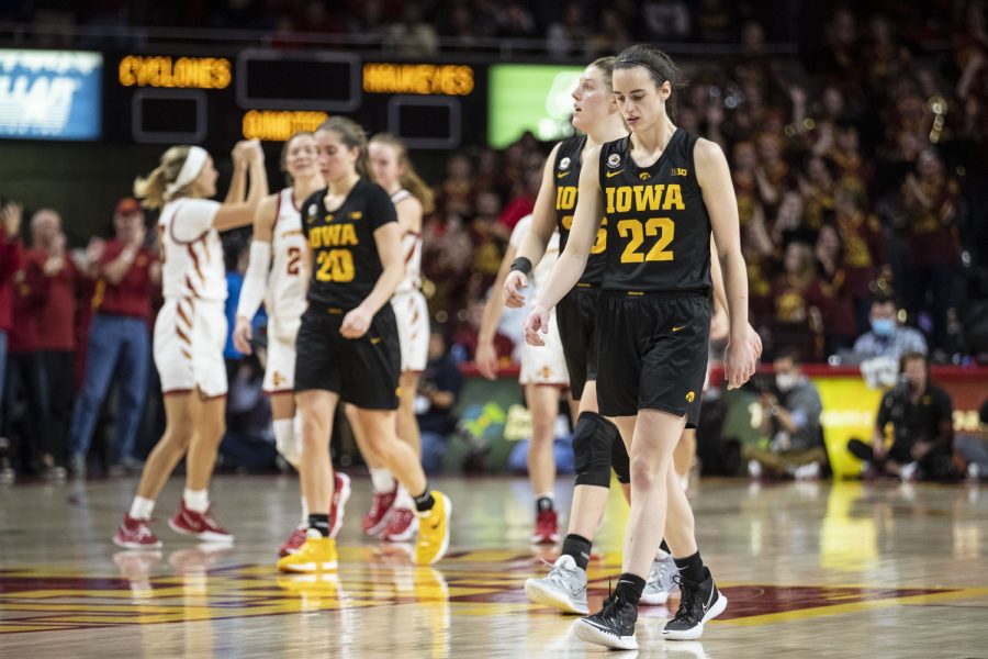 Iowa+walks+to+Iowa+State%E2%80%99s+free+throw+line+during+a+women%E2%80%99s+basketball+game+between+No.+12+Iowa+and+No.+15+Iowa+State+at+Hilton+Coliseum+in+Ames%2C+Iowa%2C+on+Wednesday%2C+Dec.+8%2C+2021.+The+Cyclones+defeated+the+Hawkeyes%2C+77-70.