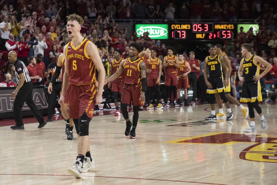 Iowa State forward Aljaž Kung celebrates during a men’s basketball game between Iowa and No. 17 Iowa State at Hilton Coliseum in Ames on Thursday, Dec. 9, 2021. Kung finished with 7 points helping the Cyclones defeat the Hawkeyes, 73-53. (Dimia Burrell/The Daily Iowan)