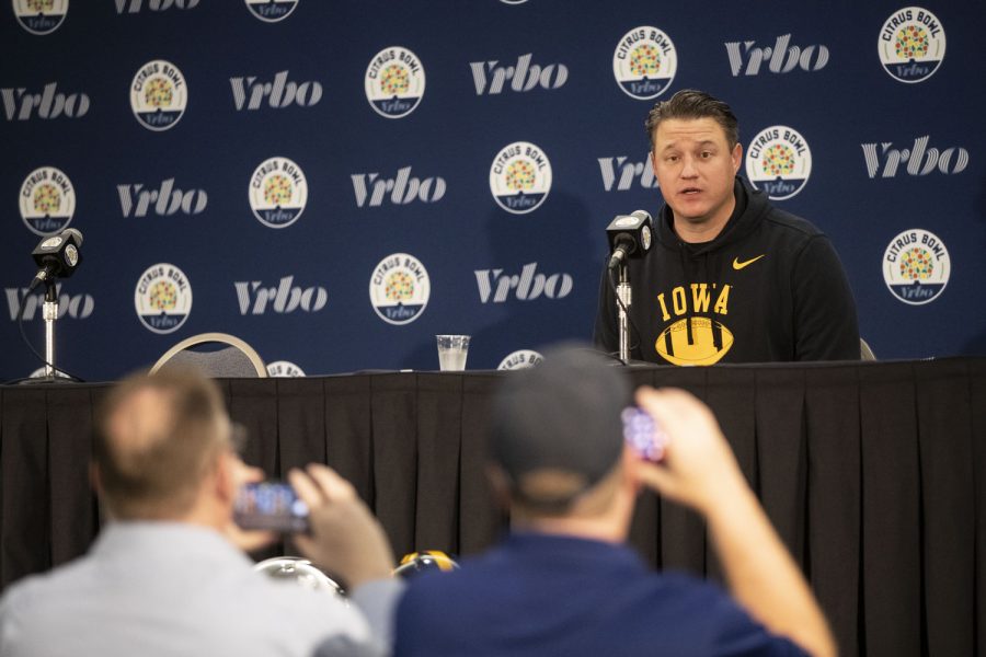 Iowa offensive coordinator Brian Ferentz answers questions during a press conference for the 2022 Vrbo Citrus Bowl between Iowa and Kentucky at the Rosen Plaza Hotel in Orlando, Fla., on Wednesday, Dec. 29, 2021. Ferentz discussed the quarterback situation for Saturday’s game. “I think we have pretty much made our mind up on what we are going to do on Saturday.” Ferentz did not specify a starter.
