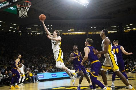 Iowa forward Patrick McCaffery approaches the basket during a basketball game betwen Iowa and Western Illinois at Carver-Hawkeye Arena in Iowa City on Wednesday, Dec. 30, 2021. McCaffery made five out of 10 shots. The Hawkeyes defeated the Leathernecks 92-71. 