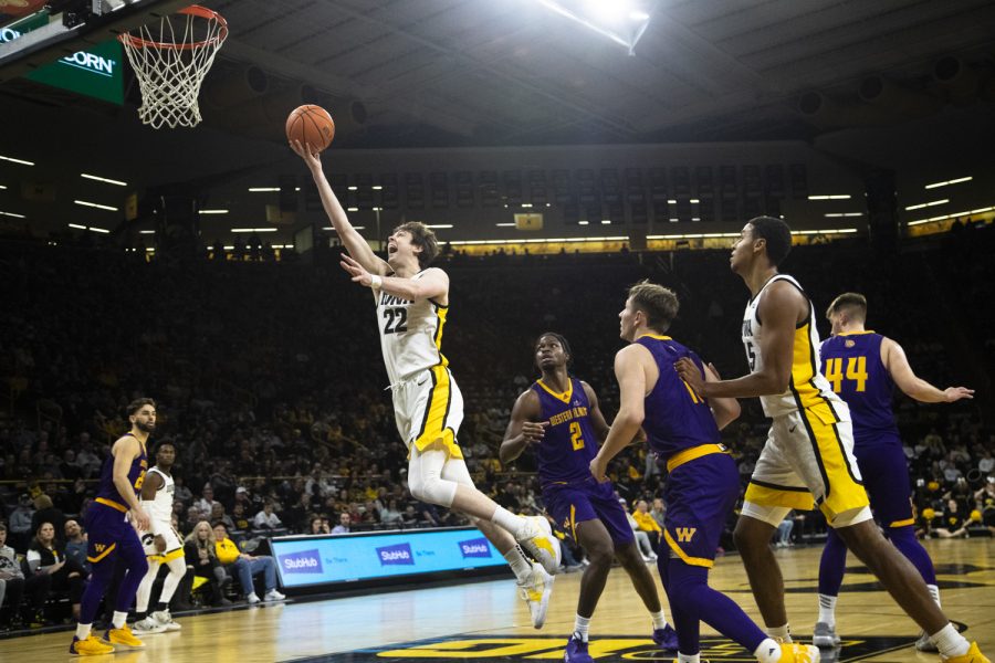 Iowa forward Patrick McCaffery approaches the basket during a basketball game betwen Iowa and Western Illinois at Carver-Hawkeye Arena in Iowa City on Wednesday, Dec. 30, 2021. McCaffery made five out of 10 shots. The Hawkeyes defeated the Leathernecks 92-71. 