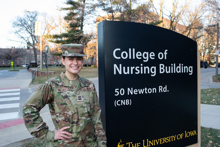 ROTC+Cadet+and+University+of+Iowa+undergraduate+nursing+student+Grace+Palmatier+poses+for+a+portrait+in+front+of+the+University+of+Iowa+College+of+Nursing+on+Thursday%2C+Dec.+9%2C+2021.+Grace+Palmatier+will+be+graduating+to+become+a+2nd+Lieutenant+in+the+Iowa+National+Air+Guard+on+Dec.+17%2C+2021.