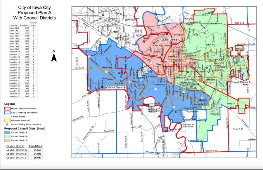This map shows the proposed reprecincting for Plan A with Iowa City City Council voting districts. 