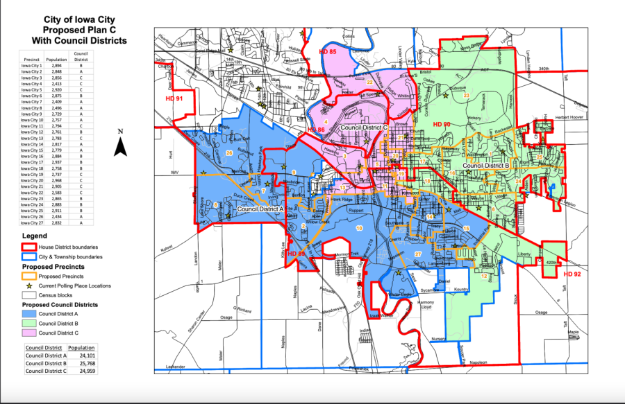  This map shows the proposed reprecincting for Plan C with Iowa City City Council voting districts. 
