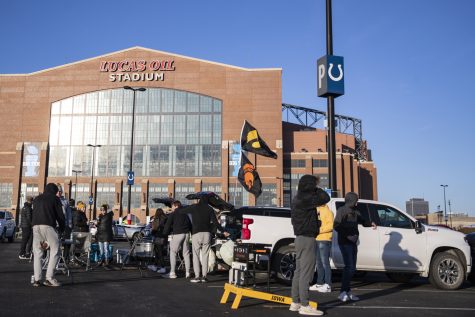 Justin Ryan’s tailgate is seen before the Big Ten Championship game between No. 13 Iowa and No. 2 Michigan outside Lucas Oil Stadium in Indianapolis, Indiana, on Saturday, Dec. 4, 2021. Ryan mentioned he watched Iowa center Tyler Linderbaum grow up playing sports. “He is extremely athletic,” Ryan said. “He can play running back.”