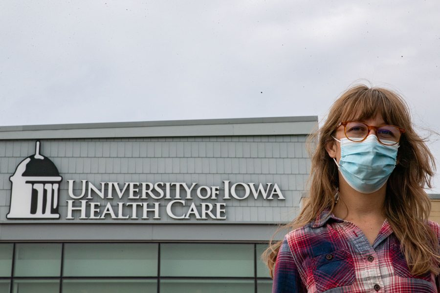 University of Iowa graduate student Hadley Galbraith poses for a portrait at the Scott Boulevard UI Urgent Care on Wednesday, Oct. 6, 2021. Galbraith plans to get the COVID-19 booster shot later this year. 