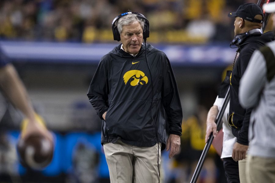 Iowa head coach Kirk Ferentz walks down the sideline during the Big Ten Championship game between No. 13 Iowa and No. 2 Michigan at Lucas Oil Stadium in Indianapolis, Indiana, on Saturday, Dec. 4, 2021. The Wolverines became Big Ten Champions after defeating the Hawkeyes, 42-3. 