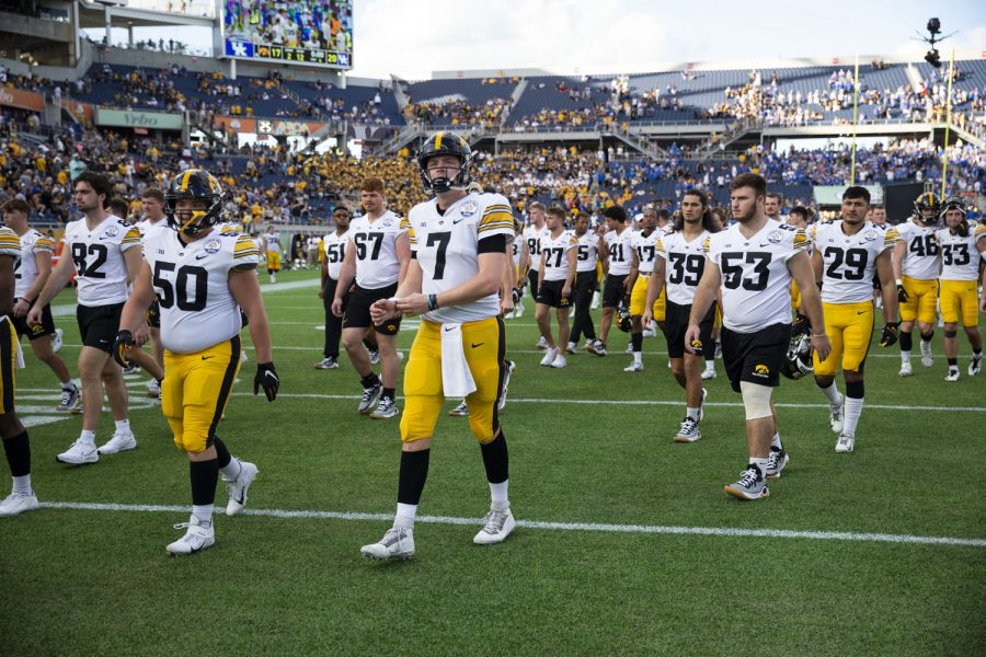 Iowa quarterback Spencer Petras exits the field during the 2022 Vrbo Citrus Bowl between No. 15 Iowa and No. 22 Kentucky at Camping World Stadium in Orlando, Fla., on Saturday, Jan. 1, 2022. Petras played the whole game after recently rotating with Alex Padilla. The Wildcats defeated the Hawkeyes, 20-17.
