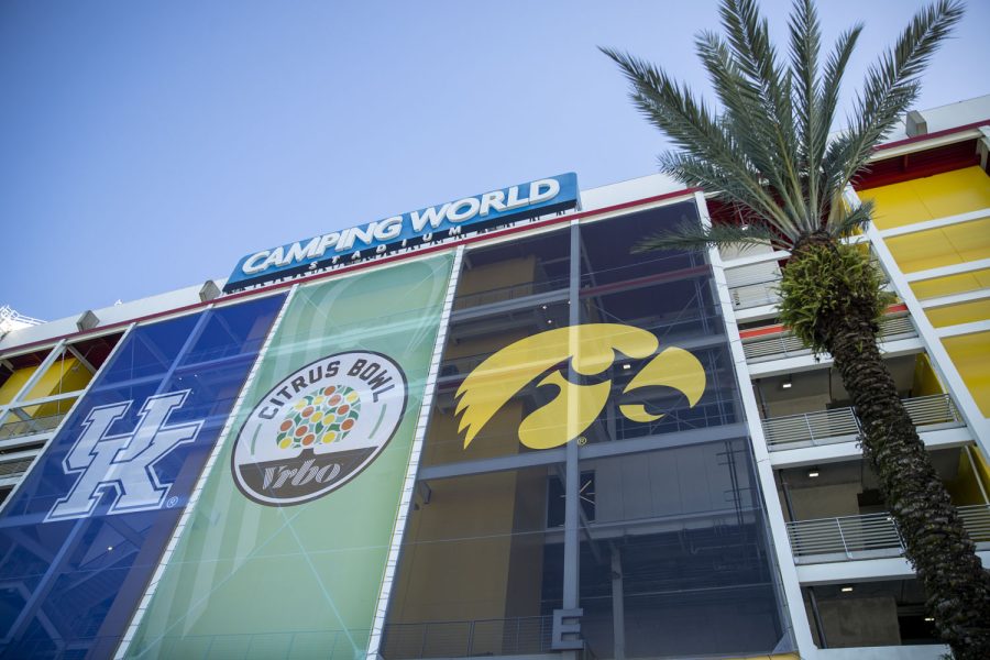 The outside of Camping World Stadium is seen before the Hawkeyes and and Wildcats matchup in the Citrus Bowl at noon CST in Orlando, Fla., on Saturday, Jan. 1, 2022.