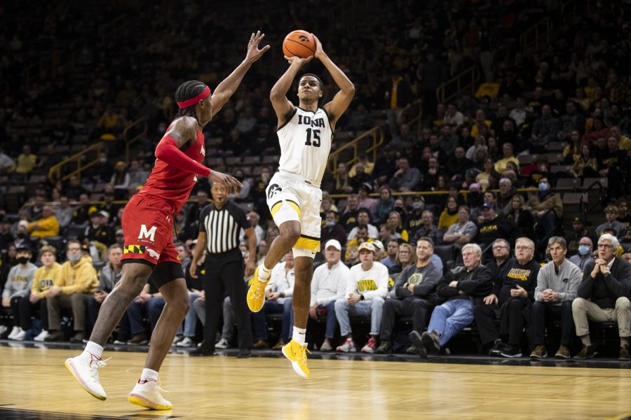 Iowa+forward+Keegan+Murray+fades+away+during+a+men%E2%80%99s+basketball+between+Iowa+and+Maryland+at+Carver-Hawkeye+Arena+on+Monday%2C+Jan.+3%2C+2022.+Murray+made+14+shots+on+21+attempts.+The+Hawkeyes+defeated+the+Terrapins%2C+80-75.