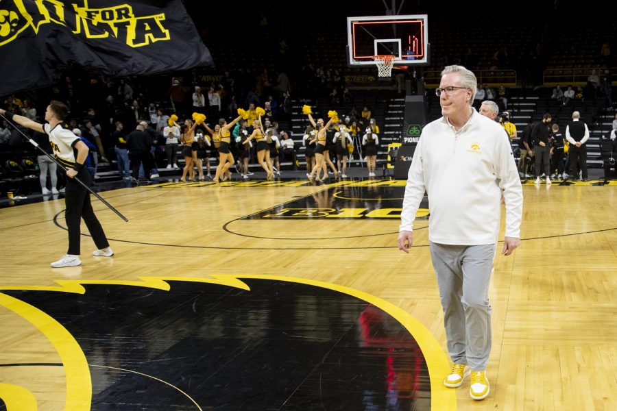 Iowa head coach Fran McCaffery walks off the court after a win during a men’s basketball between Iowa and Maryland at Carver-Hawkeye Arena on Monday, Jan. 3, 2022. The Hawkeyes defeated the Terrapins, 80-75.