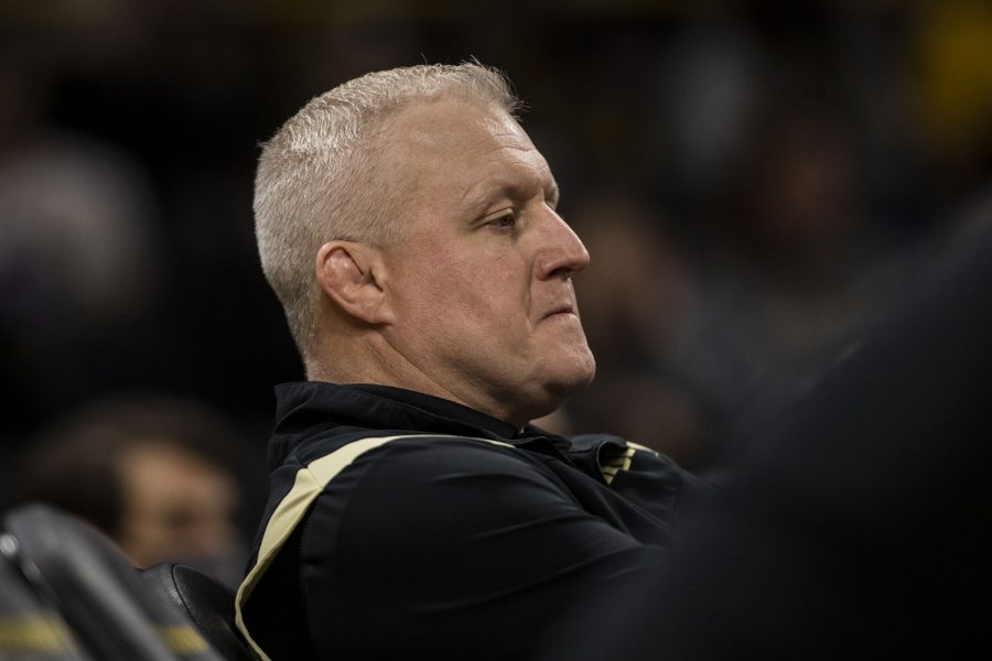 Purdue head coach Tony Ersland watches his team during a wrestling meet between No. 1 Iowa and No. 15 Purdue in Carver-Hawkeye Arena on Sunday, Jan. 9, 2022. The Boilermakers fell to 7-2 after the loss. The Hawkeyes defeated the Boilermakers, 36-4.