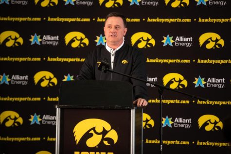 Iowa’s new head volleyball coach Jim Barnes speaks during a press conference introducing Barnes as head coach at Carver-Hawkeye Arena on Tuesday, Jan. 4, 2022. “We’re rebuilding this team and we’re gonna get this team working together. That’s my first goal.” 
