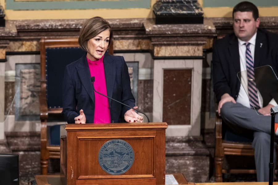 Iowa Governor Kim Reynolds delivers the Condition of the State Address at the Iowa State Capitol in Des Moines, Iowa, on Tuesday, Jan. 11, 2022. During the State Address, Reynolds spoke about childcare, Iowa teachers, material taught in schools, unemployment, tax cuts, and more. 