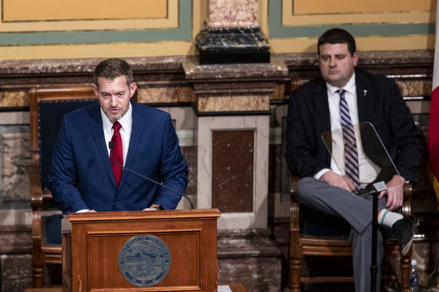 Senate President Jake Chapman speaks before the Condition of the State address delivered by Iowa Governor Kim Reynolds at the Iowa State Capitol in Des Moines, Iowa, on Tuesday, Jan. 11, 2022. During the State address, Reynolds spoke about childcare, Iowa teachers, material taught in schools, unemployment, tax cuts, and more.