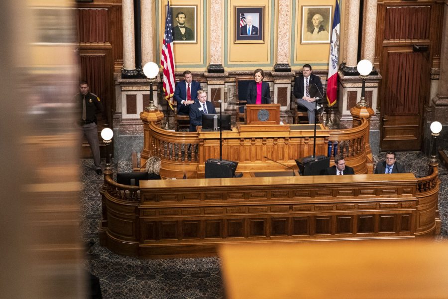 Iowa+Governor+Kim+Reynolds+delivers+the+Condition+of+the+State+address+at+the+Iowa+State+Capitol+in+Des+Moines%2C+Iowa%2C+on+Tuesday%2C+Jan.+11%2C+2022.+During+the+State+address%2C+Reynolds+spoke+about+childcare%2C+Iowa+teachers%2C+material+taught+in+schools%2C+unemployment%2C+tax+cuts%2C+and+more.+Reynolds+announced+the+expansion+of+the+Childcare+Challenge+Program+with+over+5%2C000+more+childcare+openings+across+the+state.