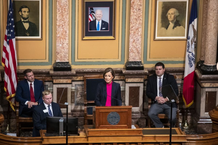 Iowa Governor Kim Reynolds delivers the Condition of the State address at the Iowa State Capitol in Des Moines, Iowa, on Tuesday, Jan. 11, 2022. 