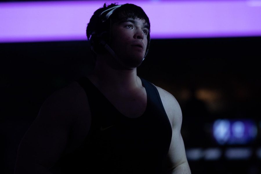 Iowa 285-pound No. 5 Tony Cassioppi is introduced before wrestling Northwestern’s No. 17 Lucas Davison during a dual at Welsh-Ryan Arena in Evanston, IL. Cassioppi defeated Davison by decision 7-3.